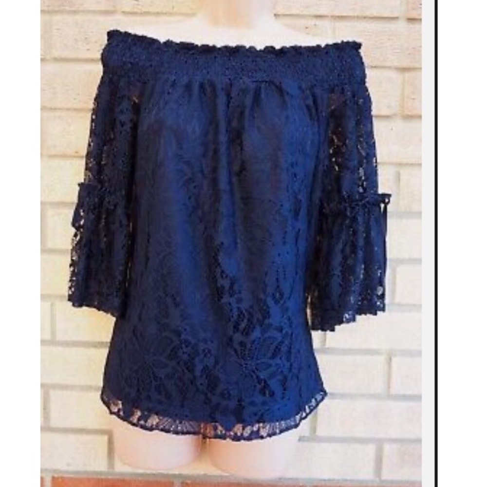 CEst 1946 Womens Blouse Size 22/24 Blue Lace Details Tassle Tie Neck Flowy Boho